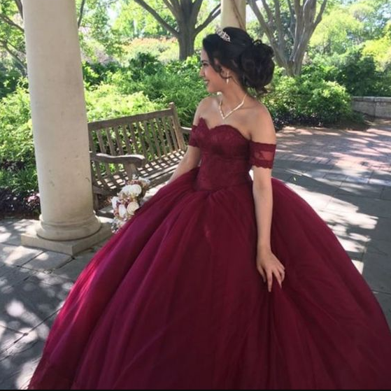 A line Ball Gown Evening Dresses For Girls Burgundy Princess Gown - Fashionpara