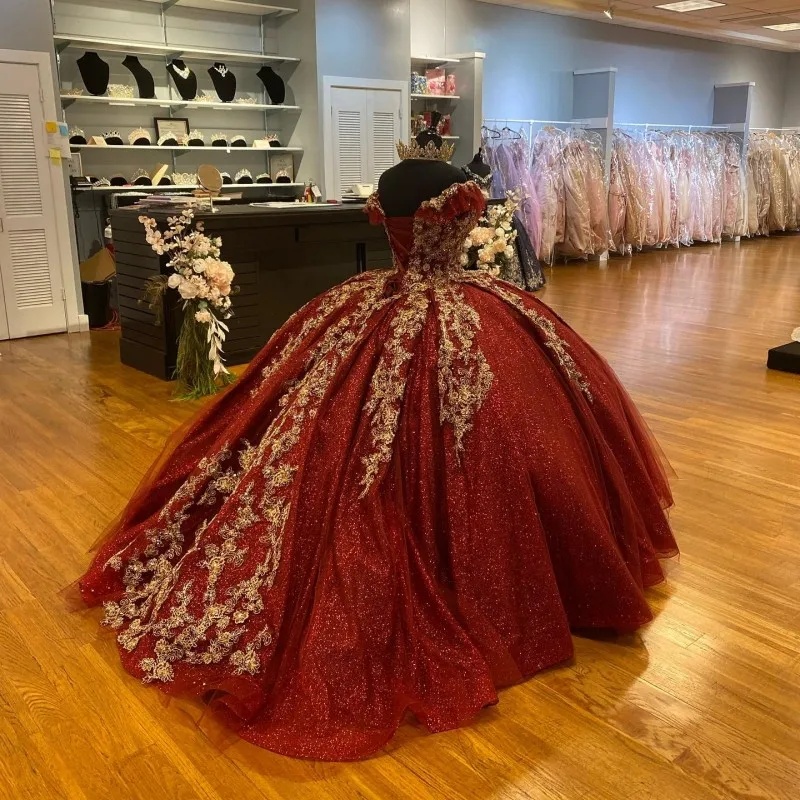 Dark Red Sequins Quinceanera Dresses 2024, Lace Up Ball Gown Prom Gowns - Fashionpara