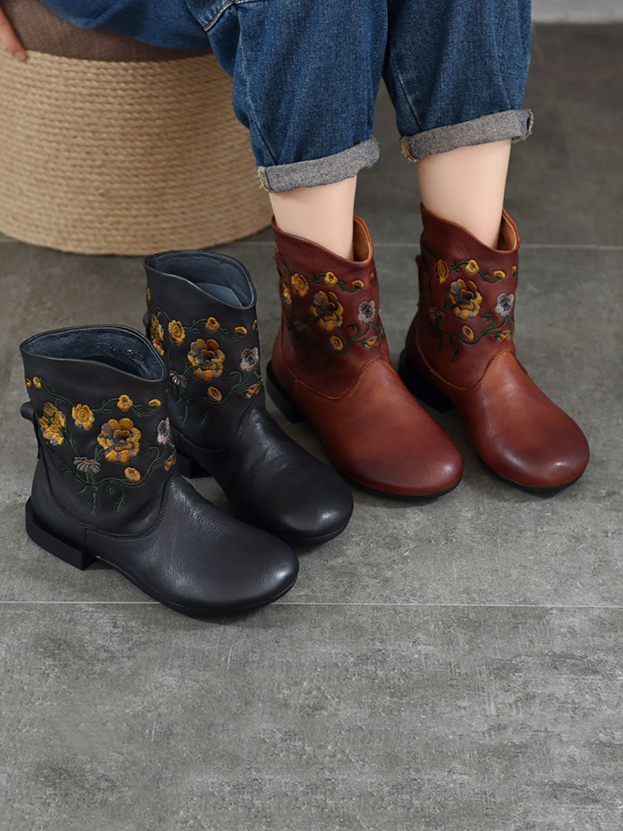 Vintage Flower Embroidery Leather Low Heel Boots