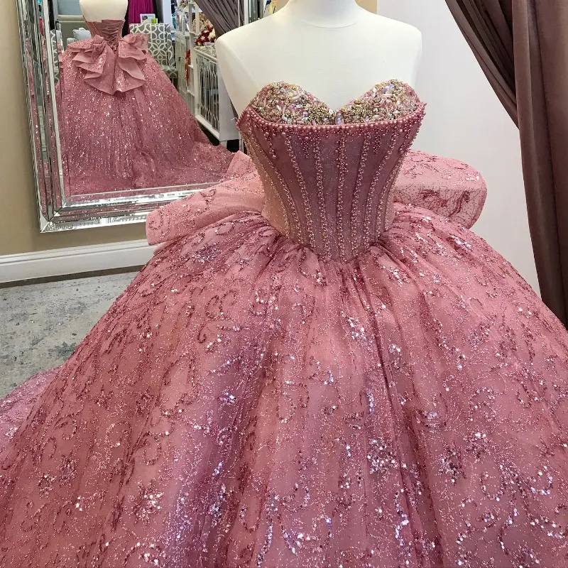 Pink Sequined Ball Gown Quinceanera Off The Shoulder Corset Lace Beads Crystal Sweet 16 Dress - Fashionpara