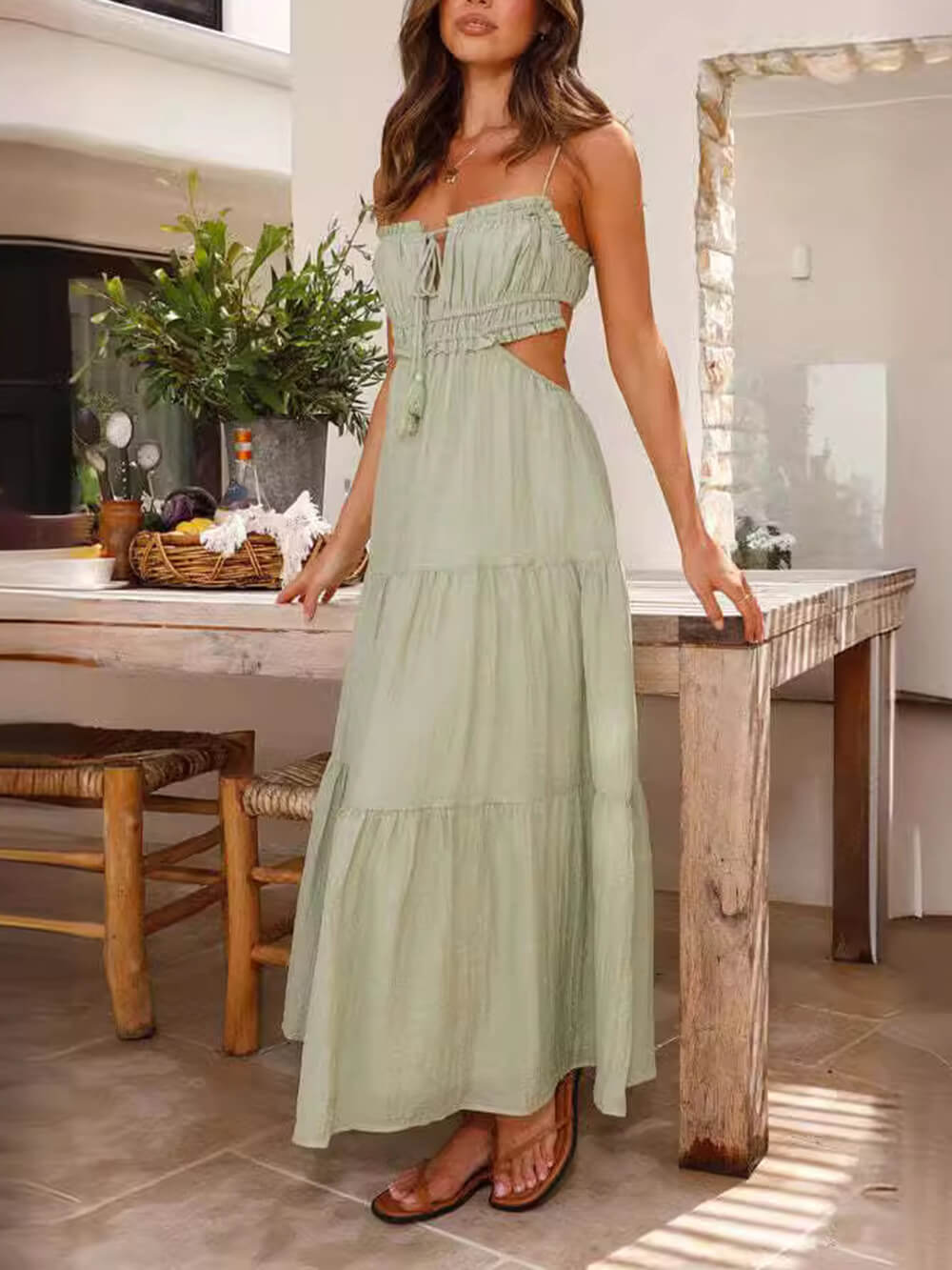 Hollow Sleeveless Pleated Patchwork Full Hem Dress - Fashionpara