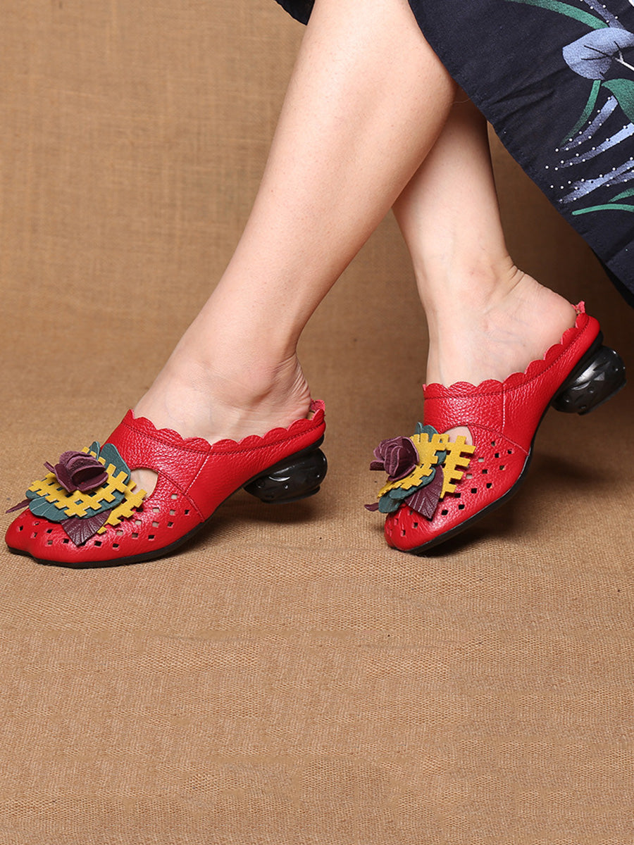 Ethnic Leather Flower Spliced Low Heel Sandals