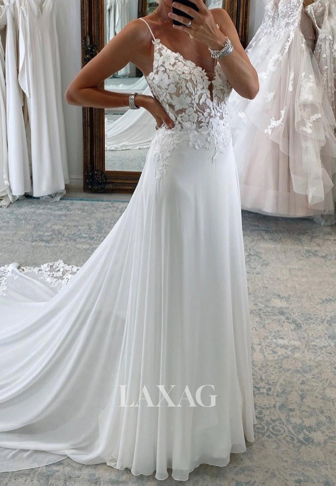 V-Neck Spaghetti Straps Sleeveless Lace Applique Chiffon A-Line Wedding Dress with Train - Fashionpara