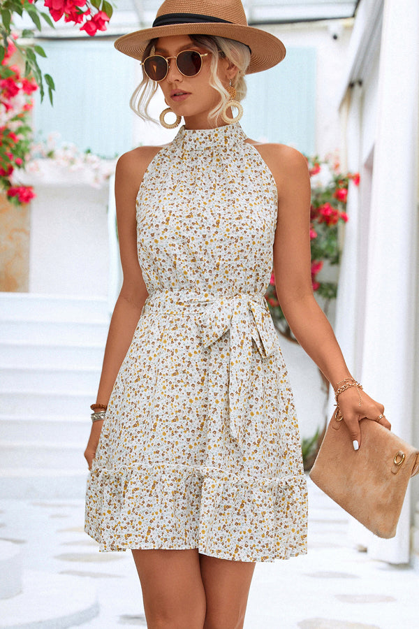 Floral Halter Neck Sleeveless Self Tie Waist Ruffle Hem Dress
