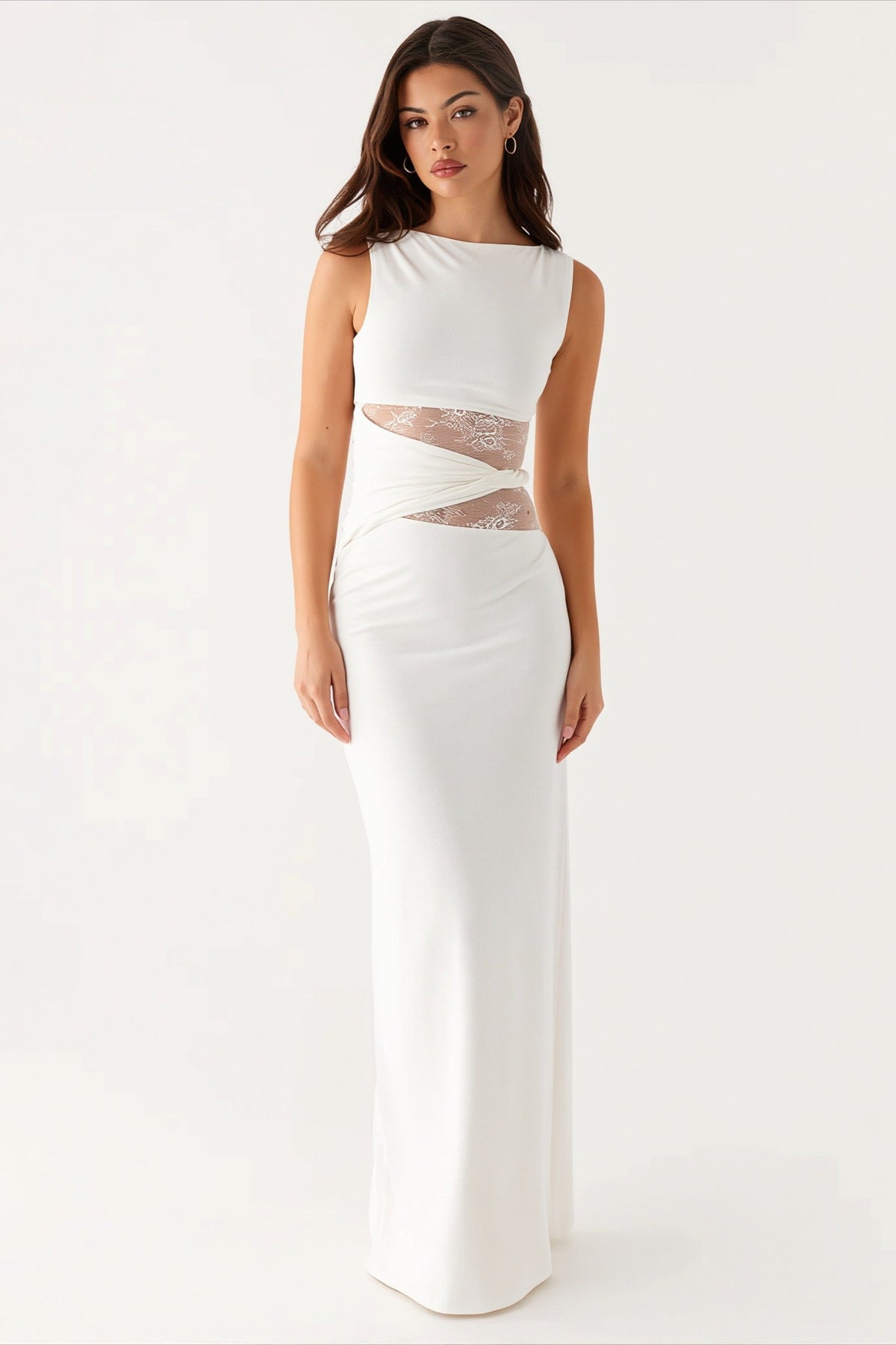 Boat Neck Sleeveless Lace Waist Cutout Column Maxi Dress