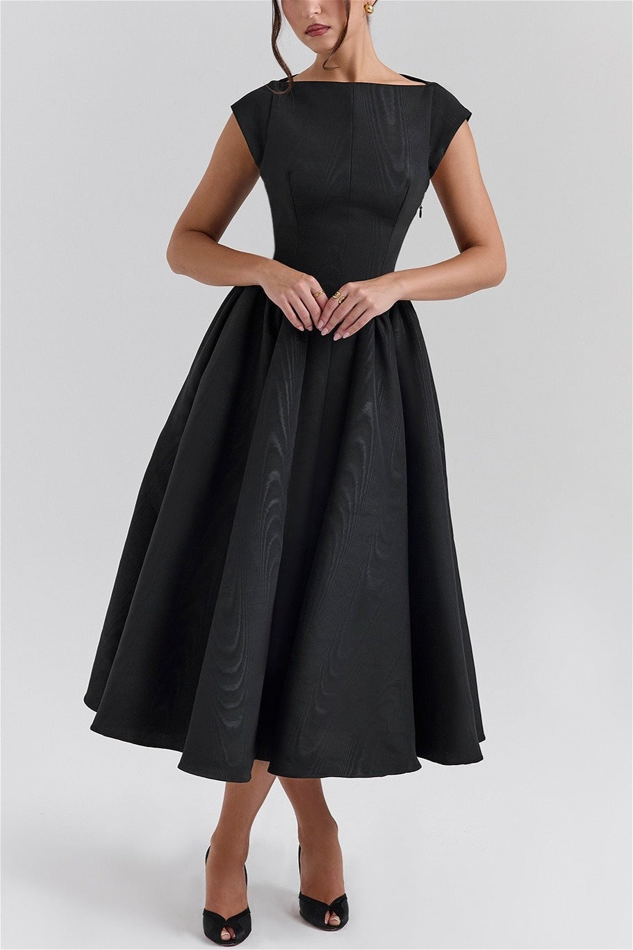 Boat Neck Cap Sleeve Fit and Flare Midi Dress