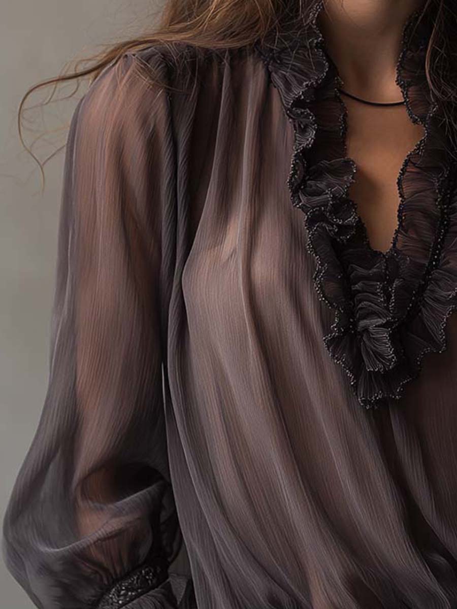 Smoky Charcoal Ruffled Chiffon Blouse