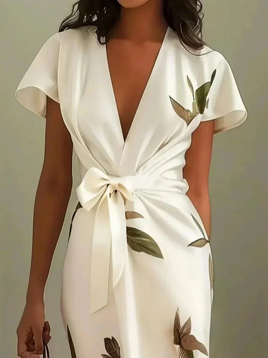 Floral V-Neck Short Sleeve Tie Waist Wrap Midi Dress 2