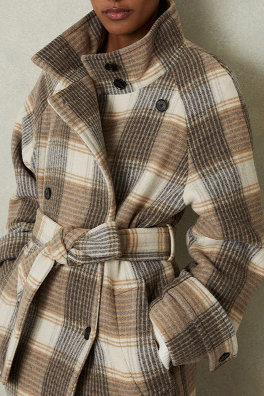 Elegant Vintage Plaid Wool Coat with Belt for Timeless Style