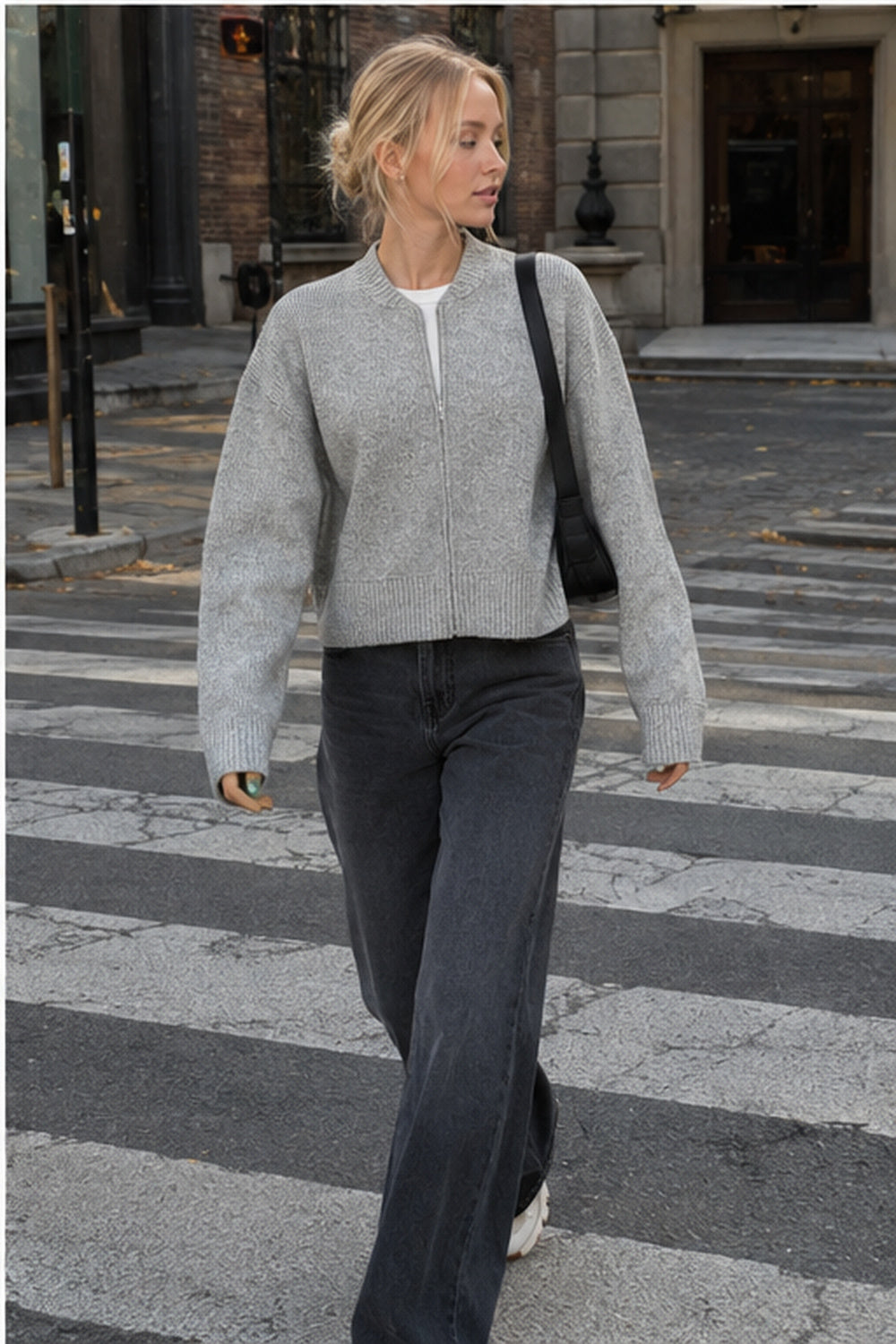 Zip-Up Loose Fit Knit Sweater