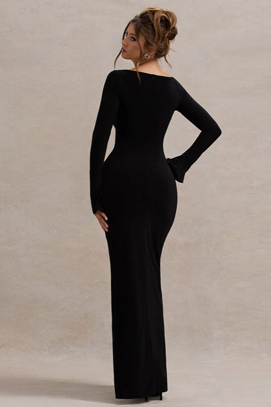 One Shoulder Long Sleeve High Slit Maxi Gown