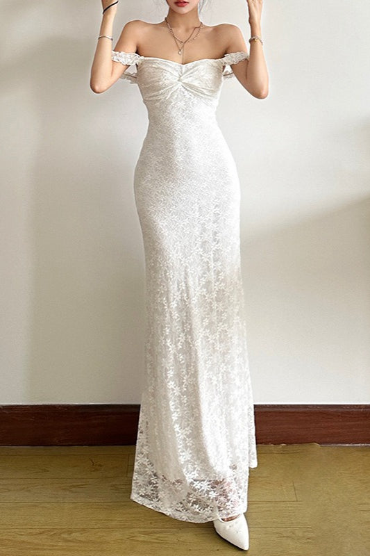 Floral Lace Off-Shoulder Short Sleeve Mermaid Maxi Dress 6