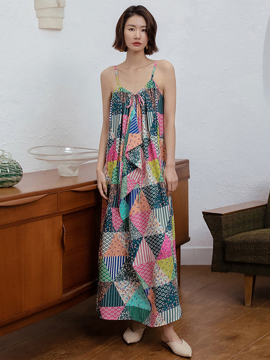 Spaghetti Strap V-Neck Patchwork Triangle Print Ruffle Maxi Dress