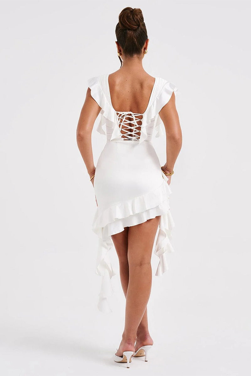 Satin V-Neck Corset Ruffle Asymmetric Mini Dress