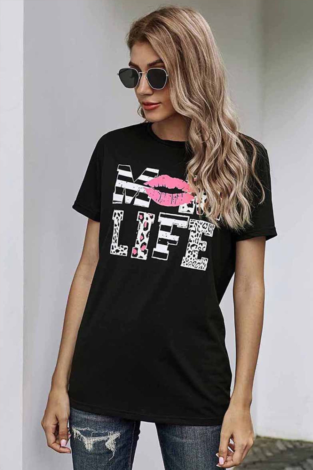 Letter Lip Print Round Neck T-Shirt