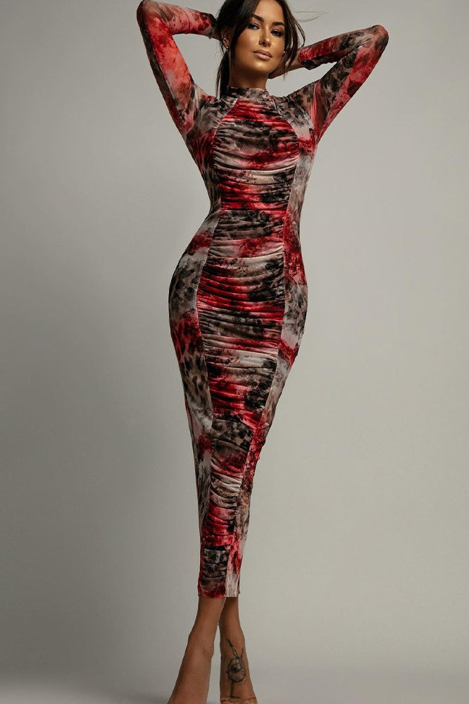 Floral Print Ruched Mesh Long Sleeve Bodycon Maxi Dress