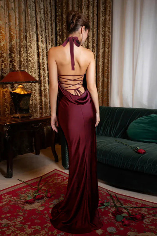 Halter Backless Satin Party Dress