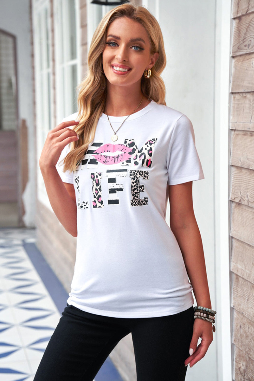Letter Lip Print Round Neck T-Shirt