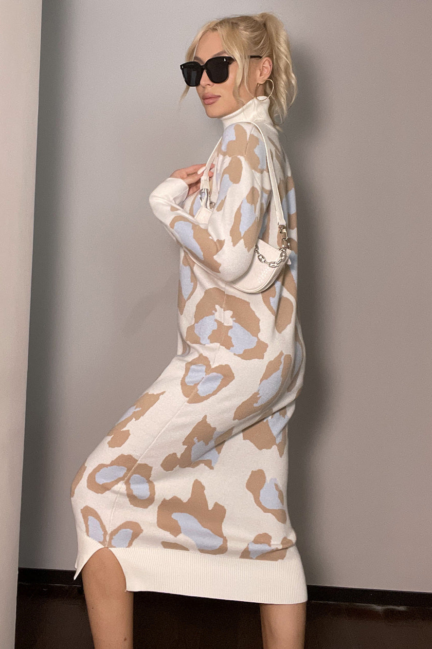 PrincessAce Leopard Print Turtleneck Maxi Dress for Elegance