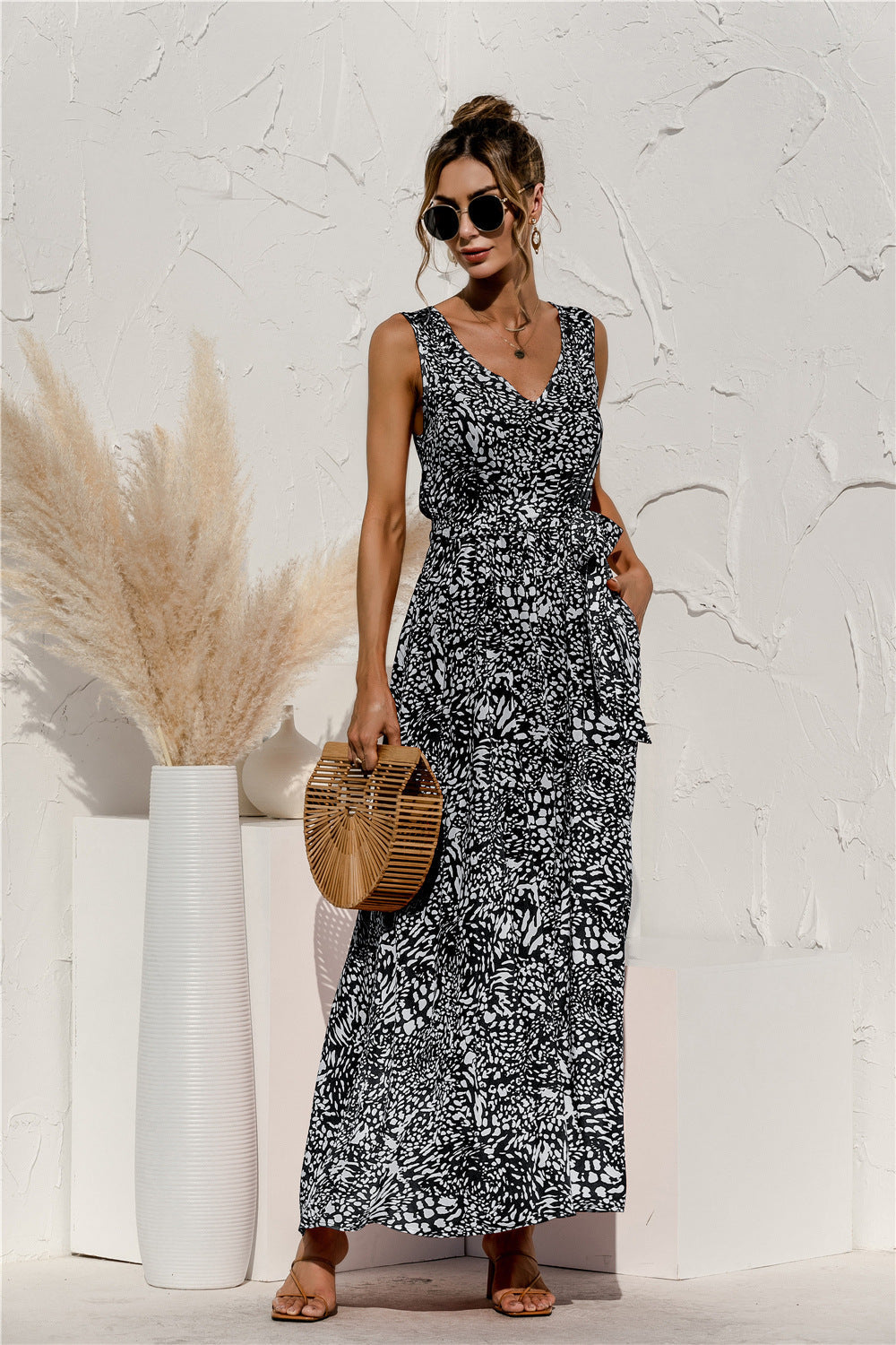 Leopard Print V-Neck Lace Dress - Fashionpara
