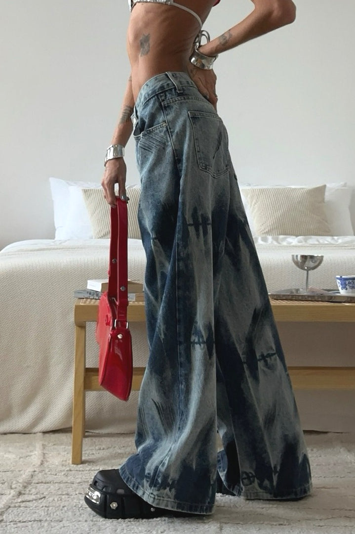 Vintage Tie-Dye High-Waist Wide-Leg Jeans