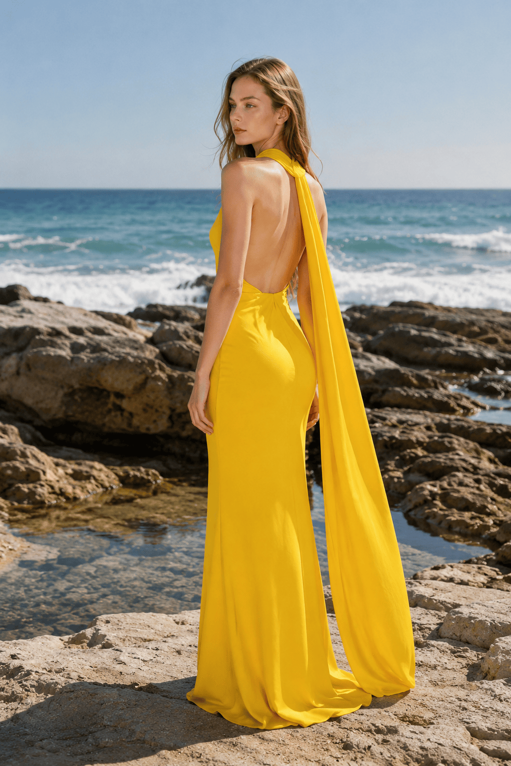 One Shoulder High Neck Draped Sash Maxi Gown