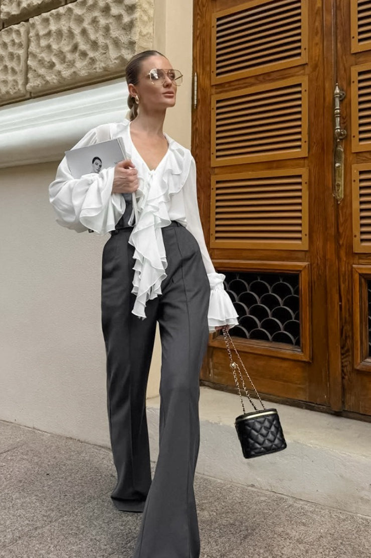 French V Neck Ruffle Blouse