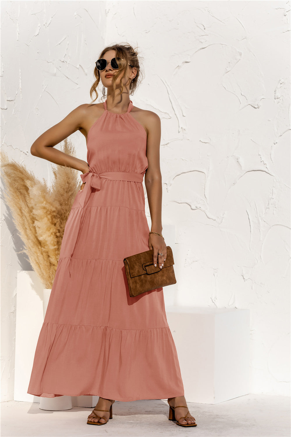 Halter Patchwork Long Dress - Fashionpara