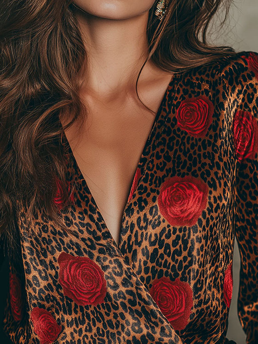 Elegant Rose Pattern And Leopard Print Satin Wrap Blouse - Fashionpara