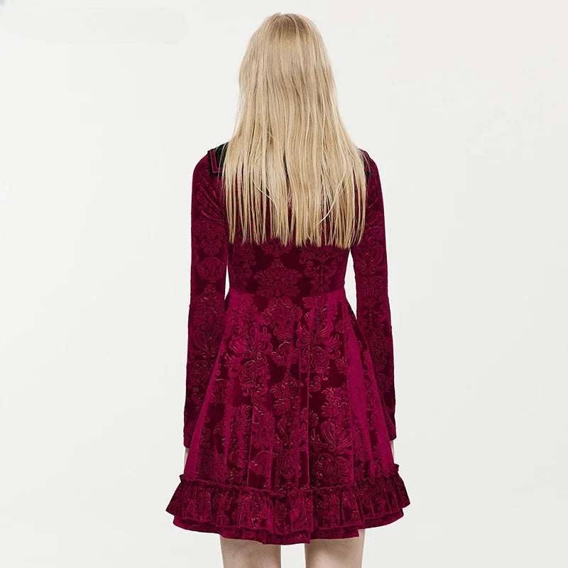 Velvet Embossed Square Neck Long Sleeve Mini Dress