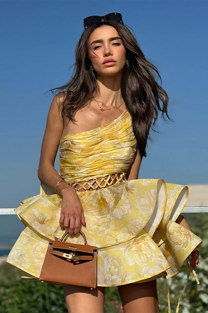 One Shoulder Hollow Ruffle Floral Dress