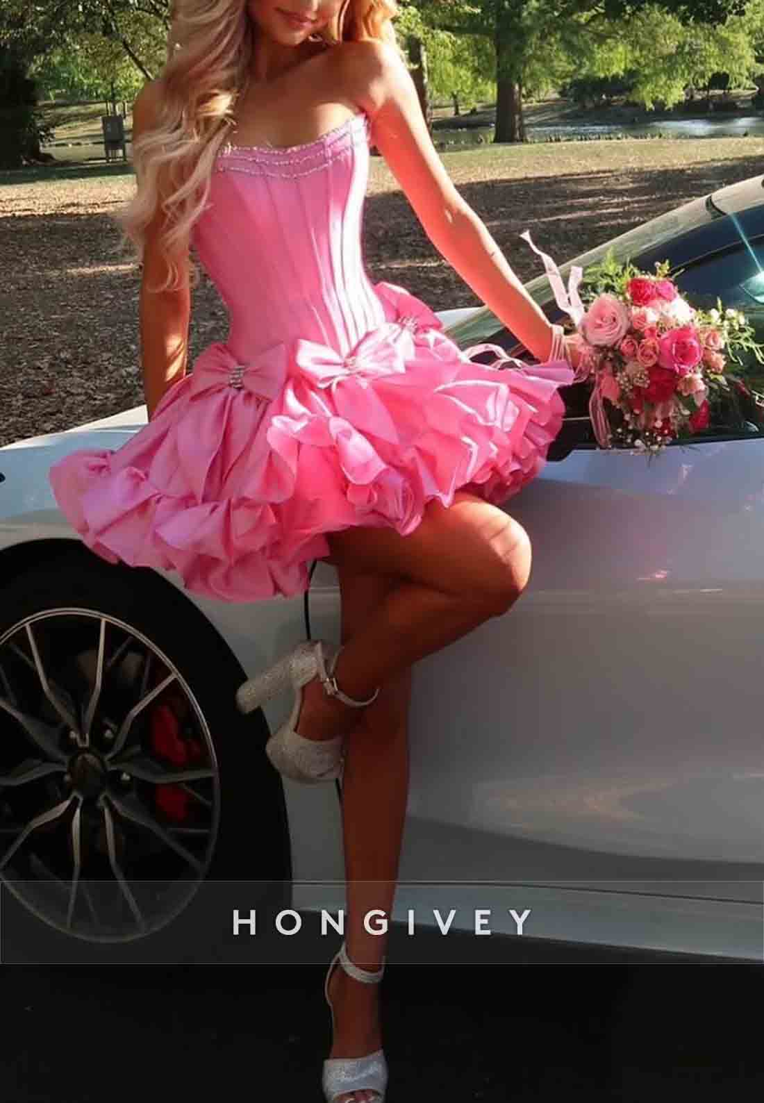Bowknot Ruched Strapless Satin Pleated Ball Gown Short Homecoming Dresses