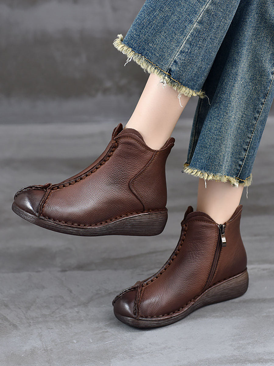 Vintage Genuine Leather Spliced Low Heel Boots
