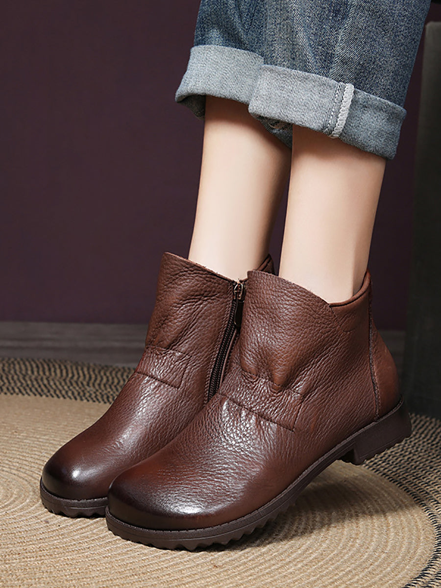 Vintage Genuine Leather Low Heel Boots