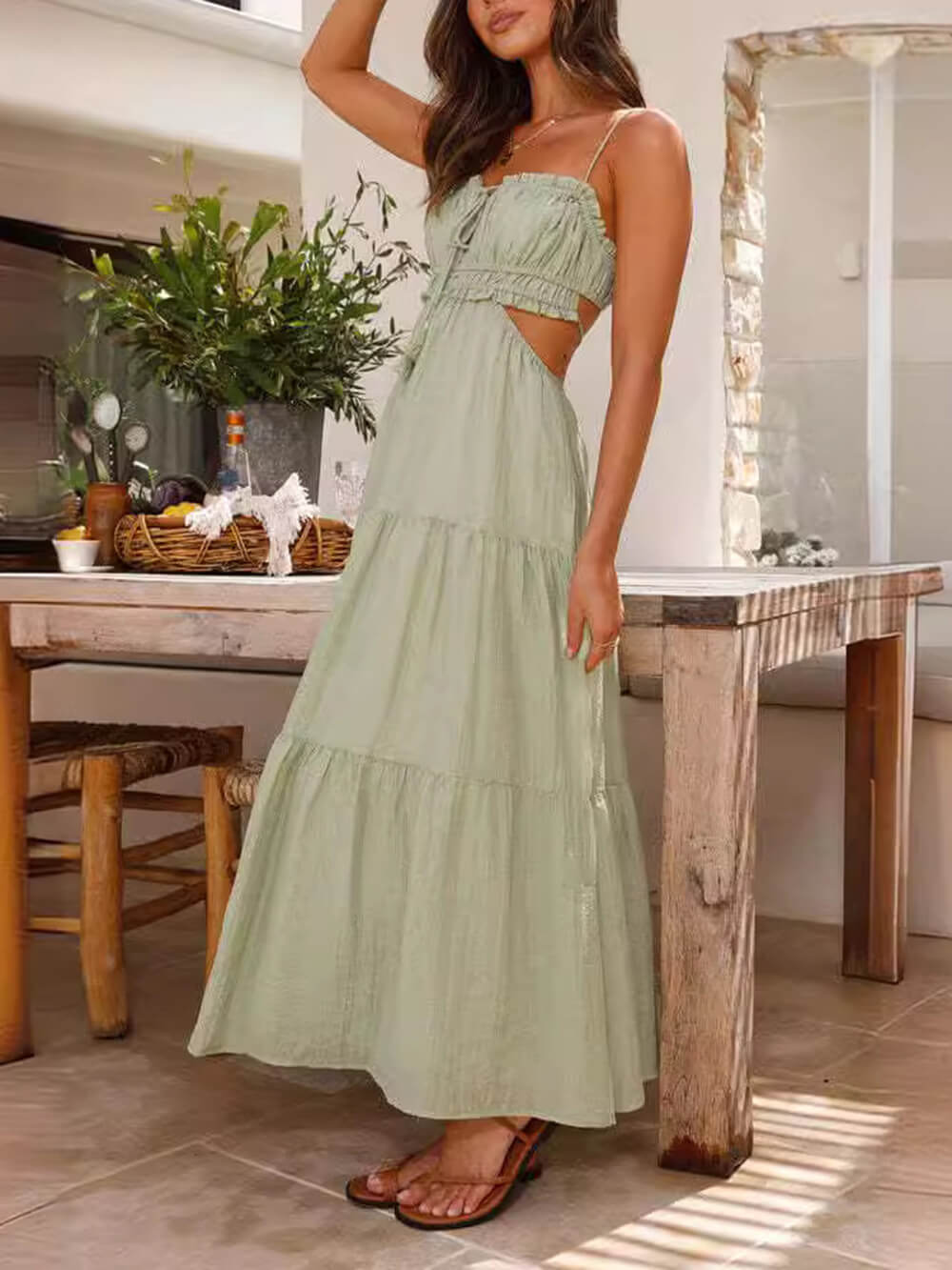 Hollow Sleeveless Pleated Patchwork Full Hem Dress - Fashionpara