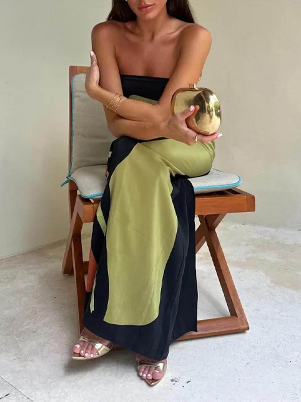 Contrast Sleeveless Off Shoulder Printed Maxi Dress - Fashionpara