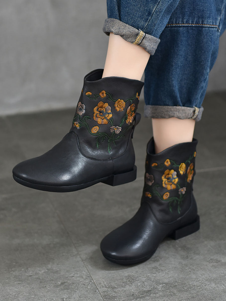 Vintage Flower Embroidery Leather Low Heel Boots