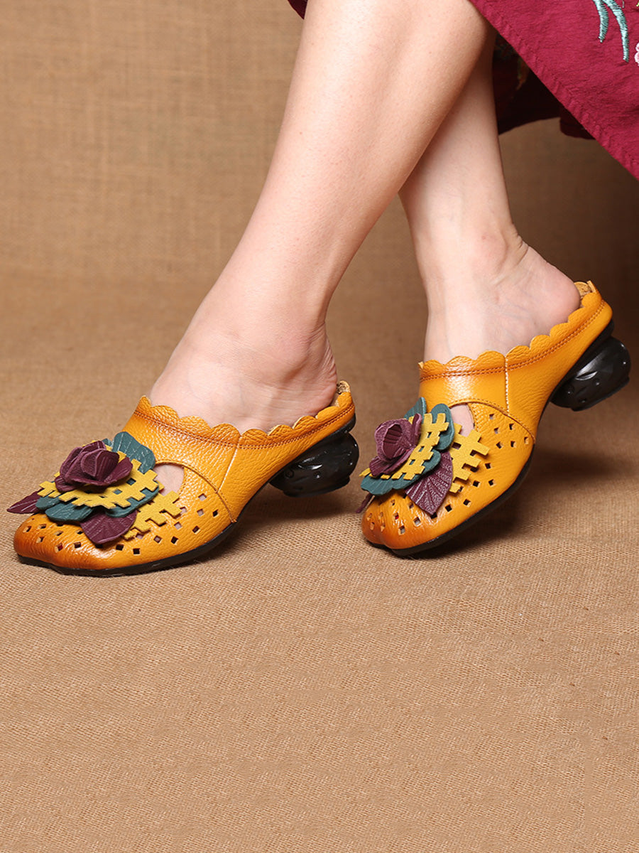 Ethnic Leather Flower Spliced Low Heel Sandals