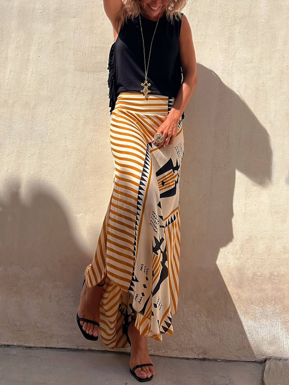 Geometric Print Elastic Waist Maxi Skirt - Fashionpara