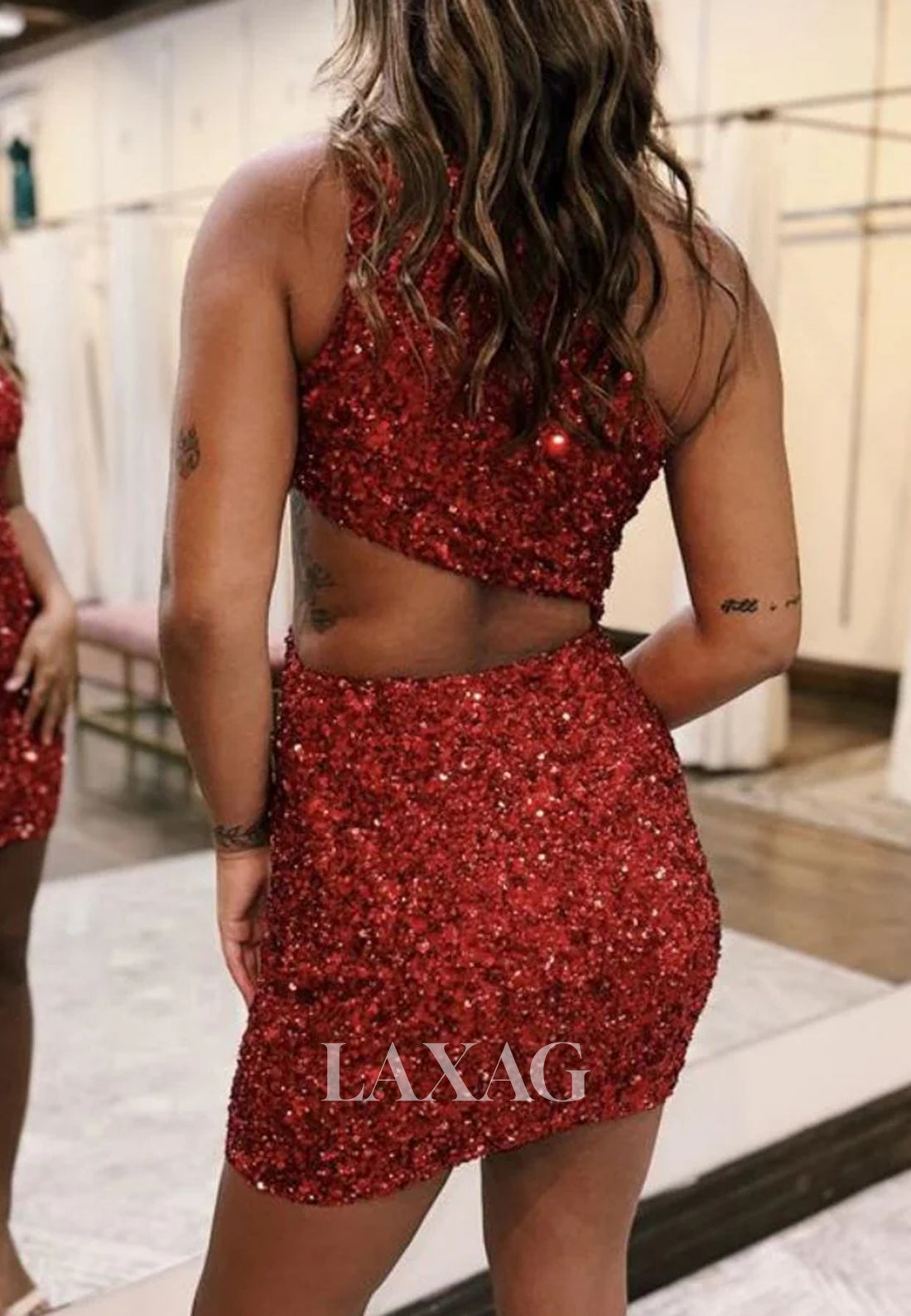 Asymmetrical-Neck Sleeveless Cutout Fully Sequined Mermaid Party Homecoming Dress