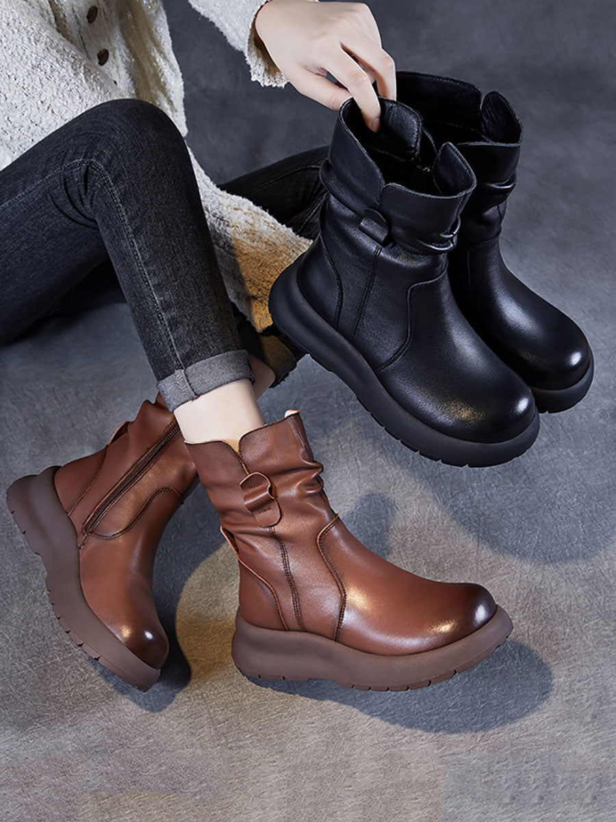 Winter Genuine Leather Spliced Low Heel Boots