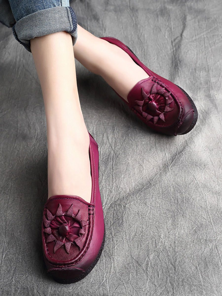 Vintage Flower Genuine Leather Low Heel Shoes