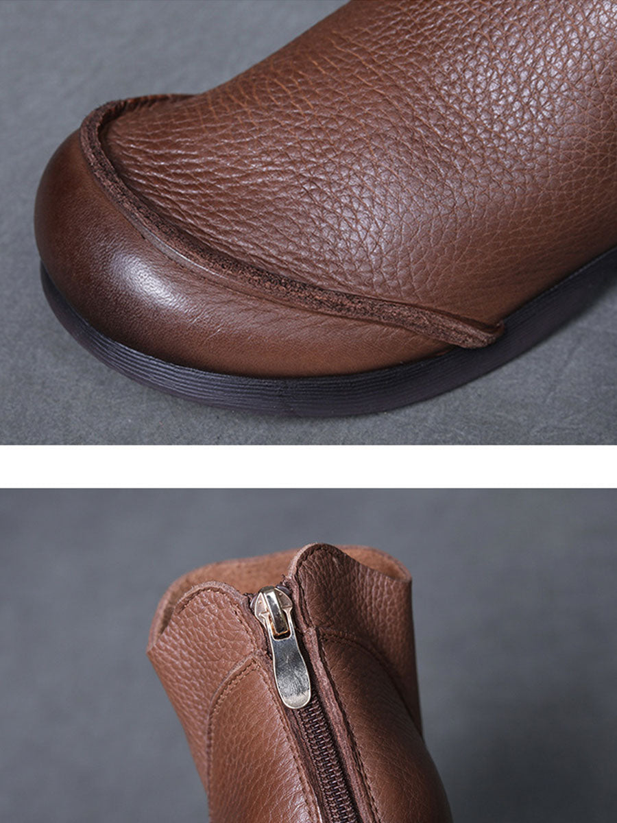 Elegant Solid Leather Spliced Low Heel Boots