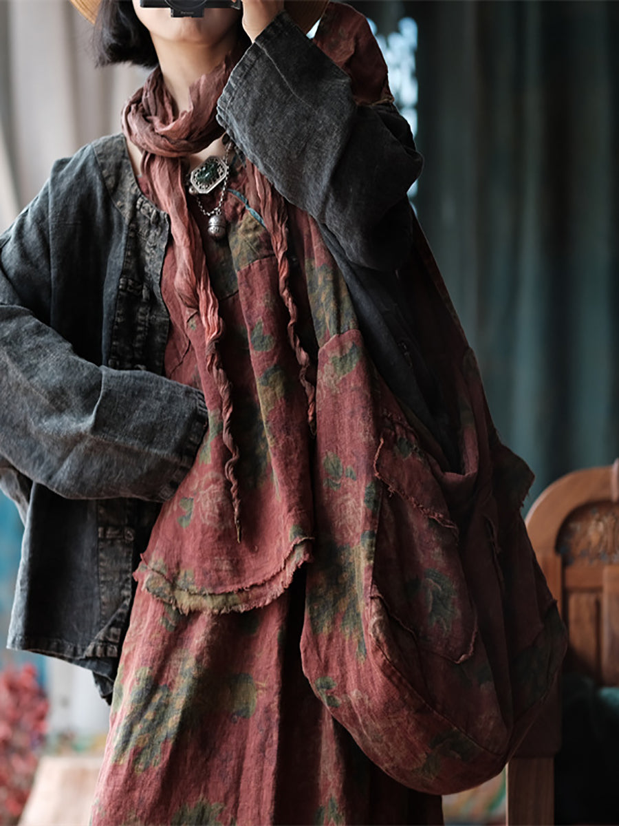 Retro Floral Spliced Linen Shoulder Bag