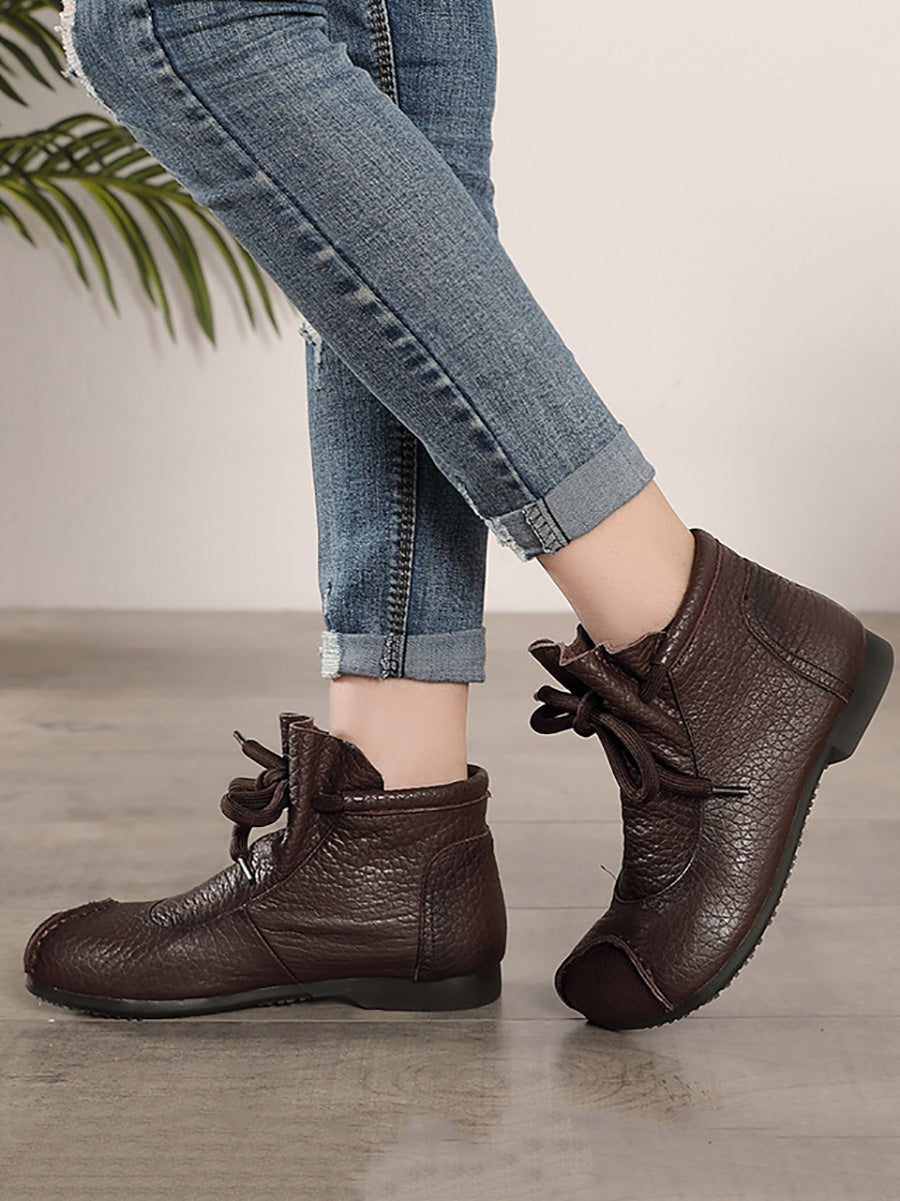 Retro Soft Leather Spliced Strap Low Heel Boots