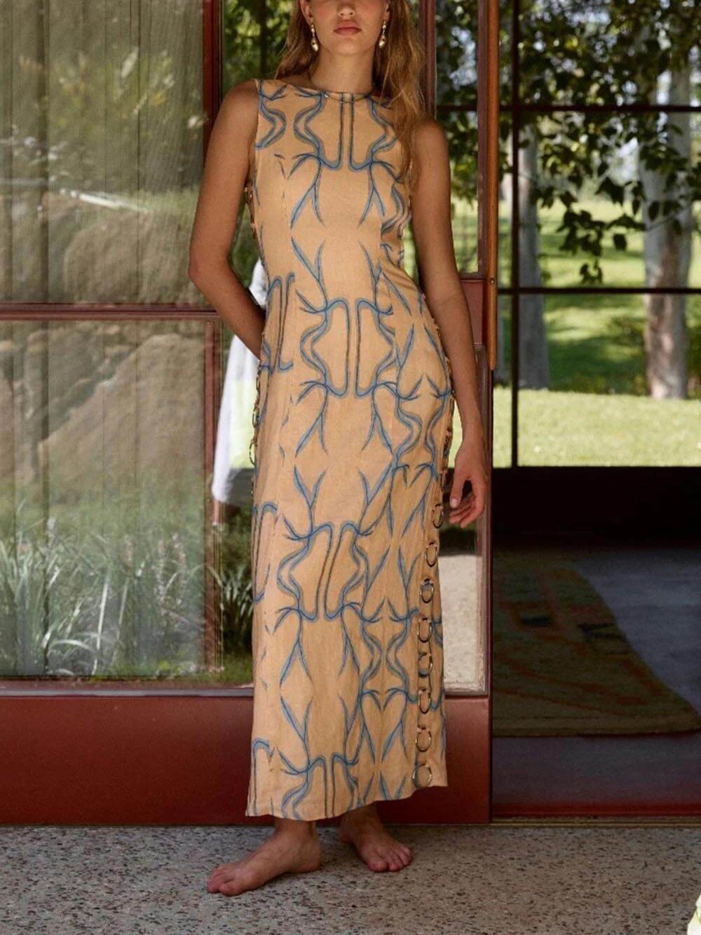 Abstract Geometric Print Sleeveless Boat Neck Ring Midi Dress - View 2