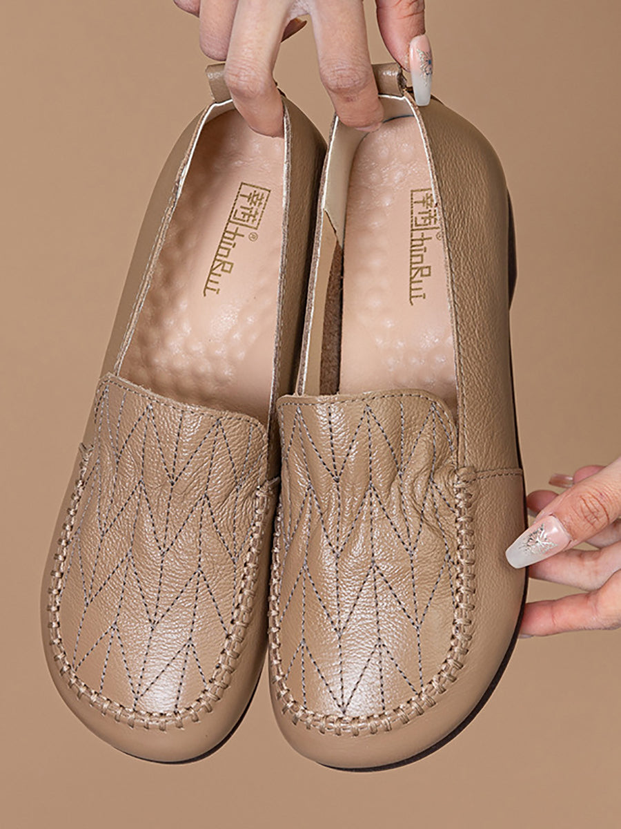 Vintage Genuine Leather Stitching Low Heel Shoes