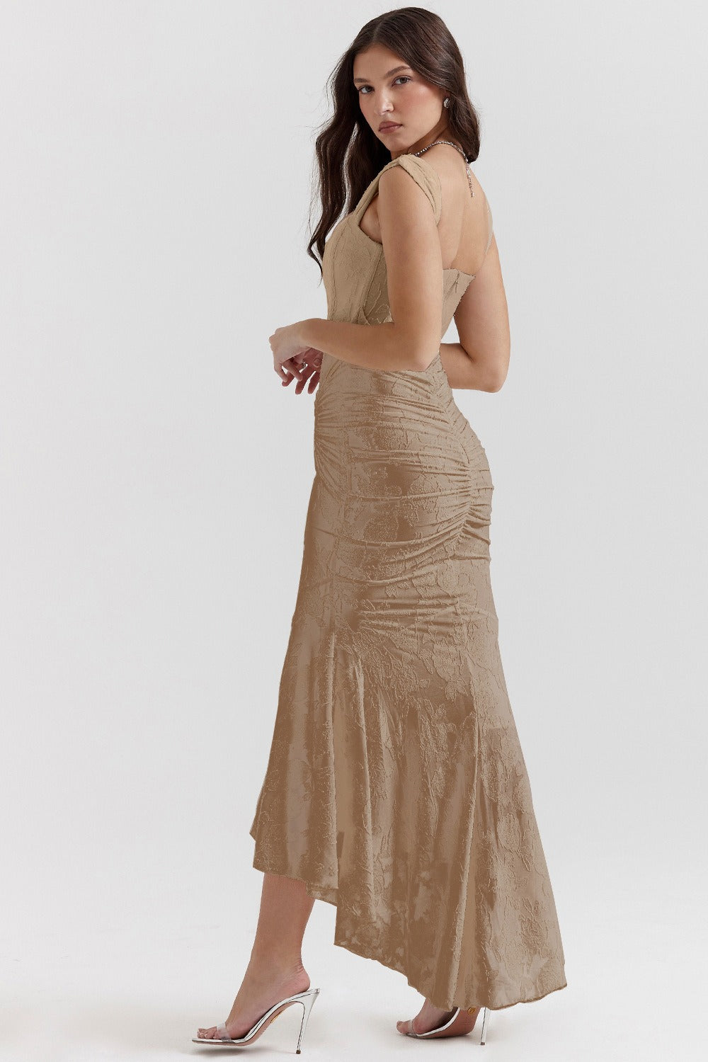 Square Neck Sleeveless Corset Ruched Fishtail Midi Dress - View 8