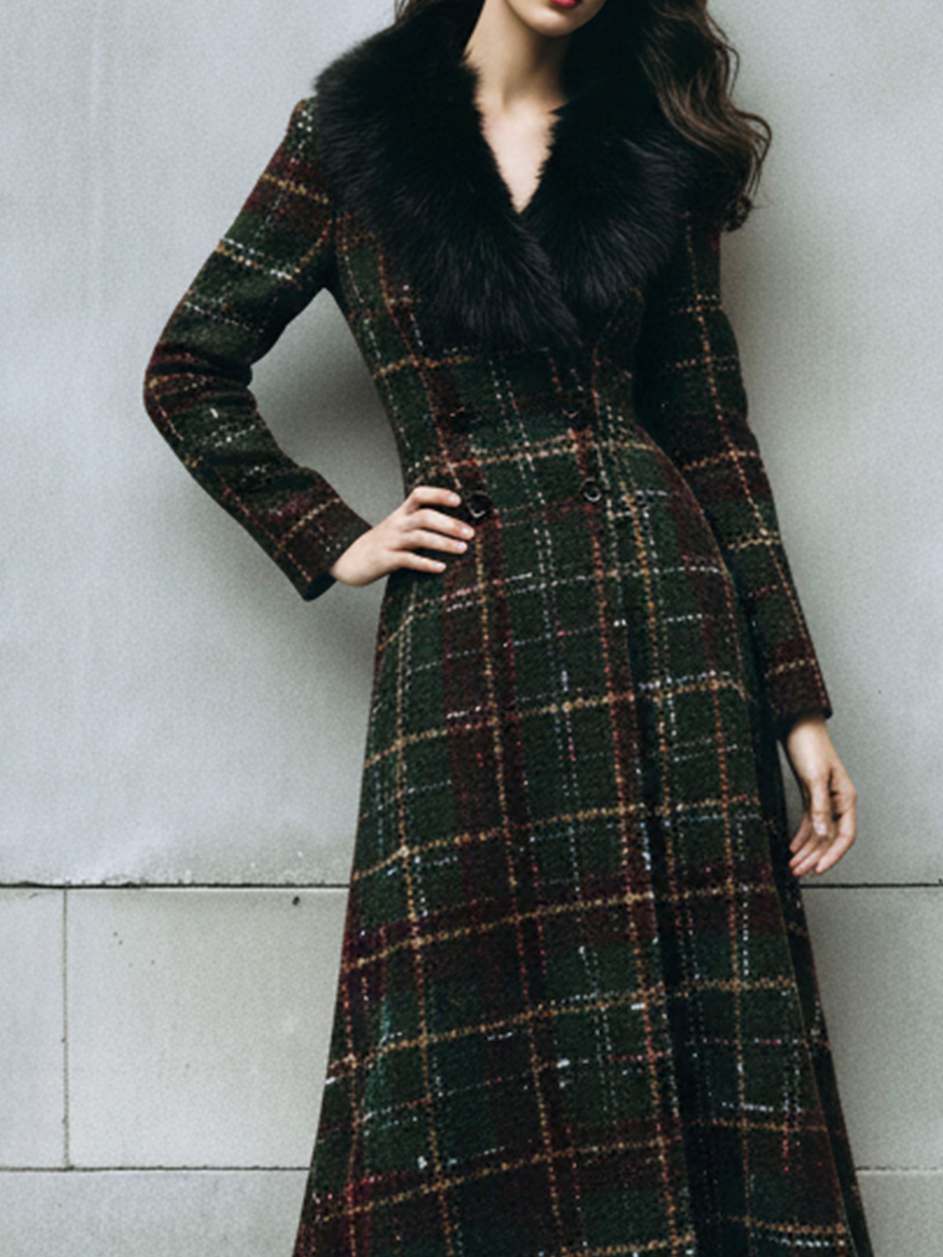 Vintage Plaid Wool Maxi Coat With Eco Fur Collar