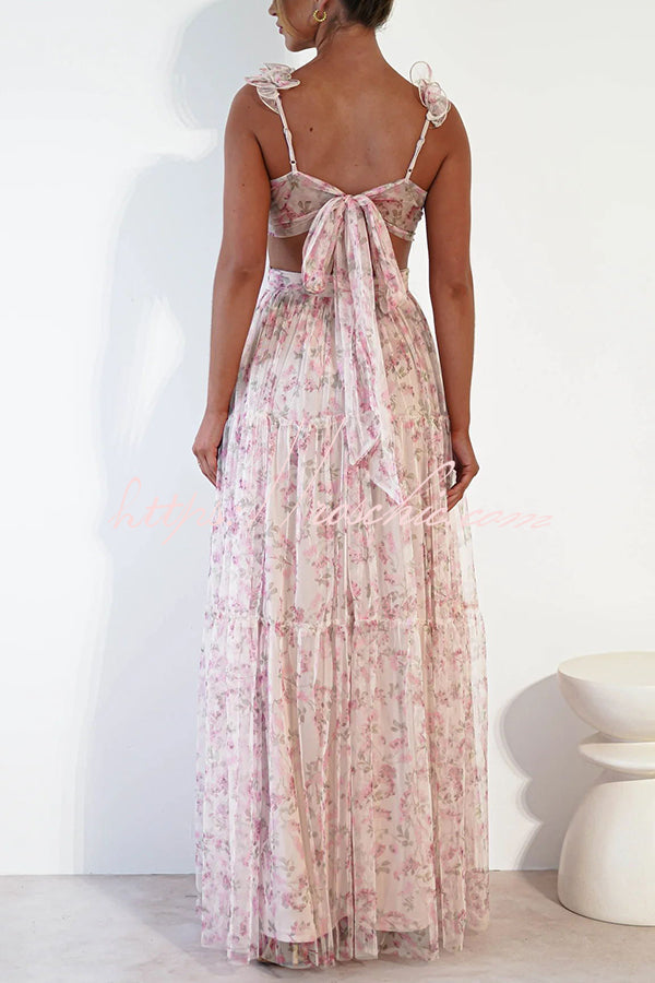 Garden Fairy Tulle Floral Ruffle Detail Cutout Waist Back Tie-up Maxi Dress - Fashionpara